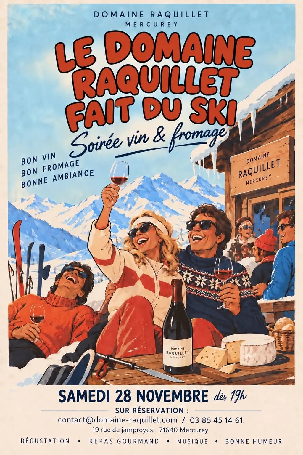 Affiche de la soirée vin et fromage du Domaine Raquillet, samedi 28 novembre à Mercurey